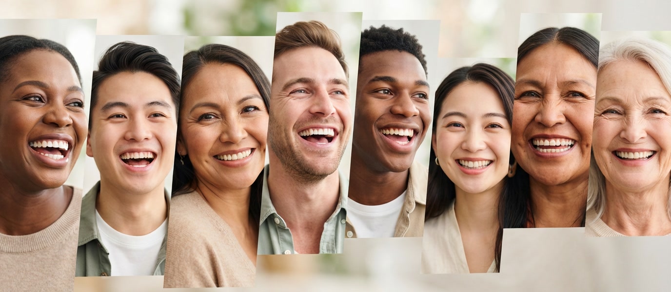 Pessoas de diferentes idades e etnias sorrindo